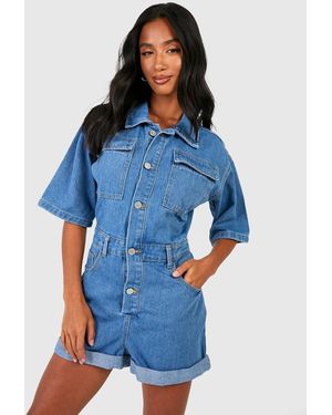 Boohoo Petite Denim Roll Hem Romper - Blue