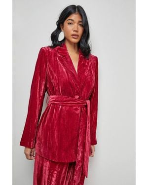 Warehouse Crushed Velvet Tie Waist Blazer Co-Ord - Red