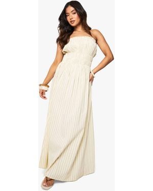 Boohoo Petite Linen Look Stripe Shirred Maxi Dress - White