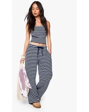 Boohoo Stripe Ribbed Wide Leg Trouser - Blue