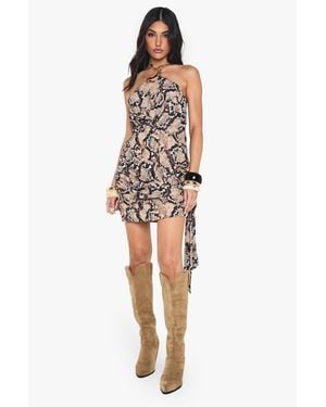 Boohoo Chiffon Snake Halterneck Mini Dress - Brown