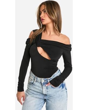 Boohoo Slinky Knot Detail Bardot Bodysuit - Black