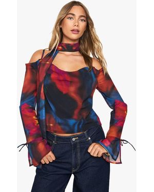 Boohoo Abstract Floral Chiffon Cowl Neck Scarf Top - Red