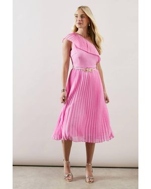 Wallis Petite Occasion One Shoulder Chiffon Pleated Midi Dress - Pink
