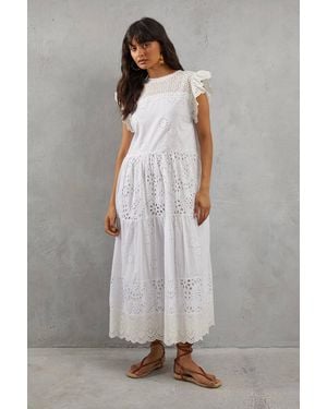 Warehouse Broderie Mix Tiered Midi Dress - Gray