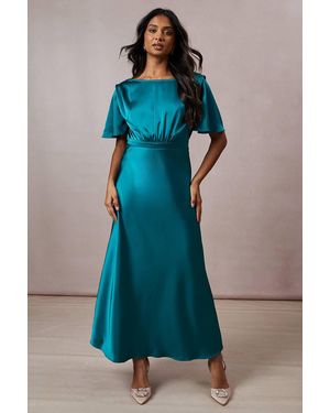 Oasis Petite Occasion Satin Pleat Shoulder Midaxi Dress - Blue