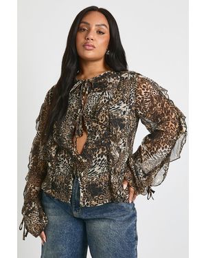 Boohoo Plus Ruffle Tie Front Leopard Blouse - Brown