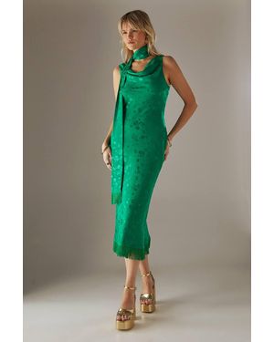 Warehouse Satin Jacquard Cowl Scarf Neck Fringe Midi Slip Dress - Green