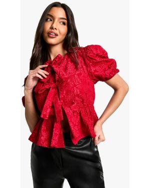 Boohoo Textured Floral Jacquard Tie Front Puff Sleeve Smock Top