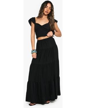 Boohoo Linen Tiered Maxi Skirt - Black