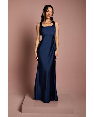 Coast Square Neck Satin And Crepe Bridesmaids Dress With Bow Back - Blue