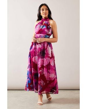 Wallis Petite Floral Print Viscose Tie Neck Midi Dress - Pink