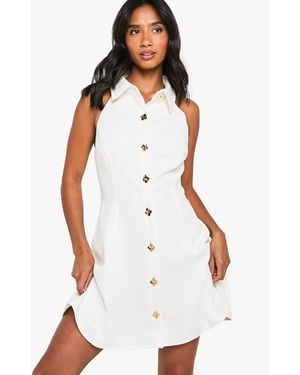 Boohoo Petite Button Tailored Sleeveless Shirt Mini Dress - White