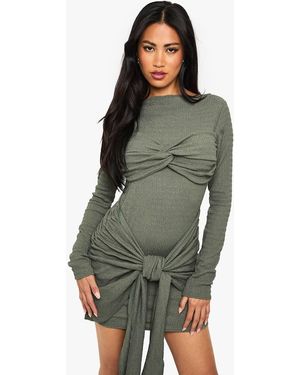 Boohoo Textured Wrap Knot Detail Mini Dress - Green
