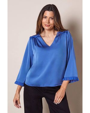 Wallis Satin Flute Sleeve Frill Detail Blouse - Blue