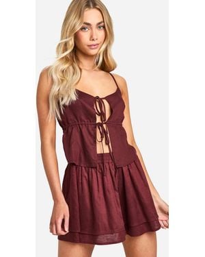 Boohoo Linen Look Strappy Tie Front Crop - Red