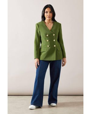 Wallis Petite V Neck Double Breasted Blazer - Green