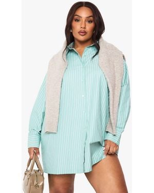 Boohoo Plus Stripe Poplin Oversized Shirt Dress - Blue