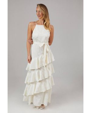 Oasis Satin Jacquard Ruffle Halter Neck Bridesmaids Dress - Gray