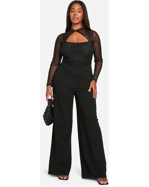 Boohoo Plus Mesh Twist Detail Wide Leg Jumpsuit - Black