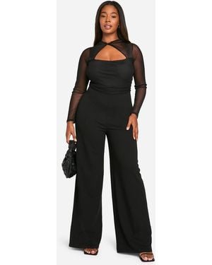 Boohoo Plus Mesh Twist Detail Wide Leg Jumpsuit - Black