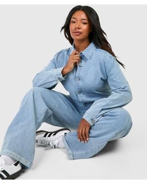 Boohoo Plus Denim Roll Hem Boilersuit - Blue