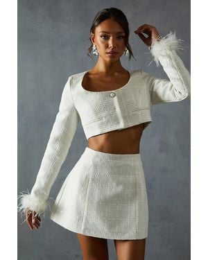MissPap Boucle Feather Trim Cropped Jacket - Gray