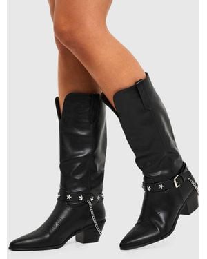 Boohoo Buckle Vintage Look Western Boots - Black