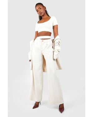 Boohoo Tab Front Pleat Detail Wide Leg Pants - Natural