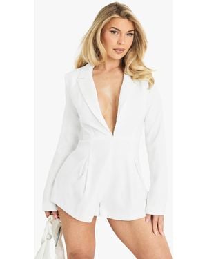 Boohoo Tailored Plunge Detail Pleat Detail Romper - White
