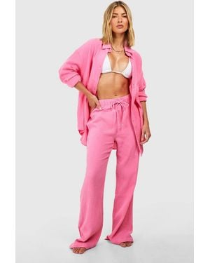 Boohoo Crinkle Cotton Wide Leg Beach Pants - Pink