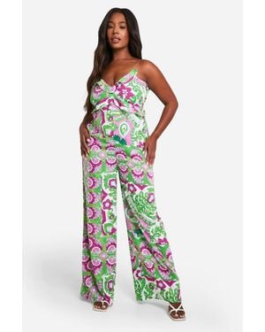 Boohoo Plus Woven Paisley Print Strappy Jumpsuit - White