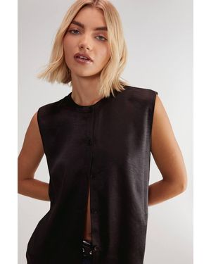 Nasty Gal Textured Satin Button Through Collarless Tank - Black