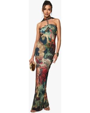 Boohoo Floral Halterneck Chain Detail Maxi Dress - Green