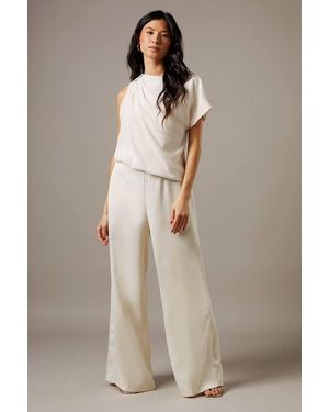 Warehouse Satin Chiffon Mix One Shoulder Drape Jumpsuit - Natural