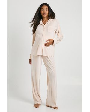 Boohoo Maternity Rib Velour Trouser Pj Set - Natural
