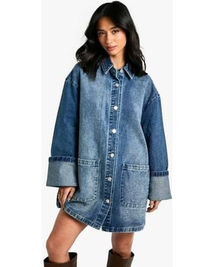 Boohoo Petite Utility Turn Cuff Denim Oversized Shirt Dress - Blue