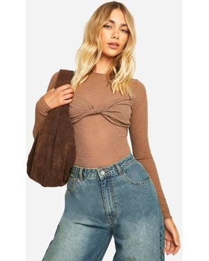 Boohoo Sheer Rib Twist Front Long Sleeve Top - Blue