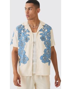 BoohooMAN Oversized Floral Print Soft Twill Shirt - Blue