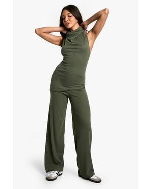 Boohoo Brushed Rib Wide Leg Trouser - Green