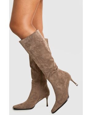Boohoo Faux Suede Pointed Toe Heeled Knee High Boots - Brown
