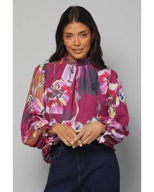 Wallis Abstract Print Shirred Neck Blouse - Pink