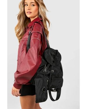 Boohoo Double Pocket Nylon Rucksack Bag - Red