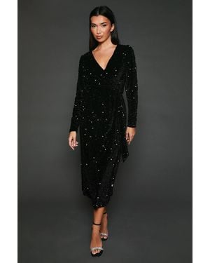 Dorothy Perkins Velvet Sequin Wrap Midi Dress - Black