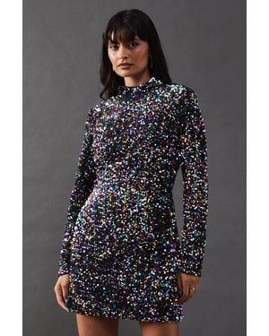 Warehouse High Neck Velvet Sequin Cutout Back Mini Dress - Gray