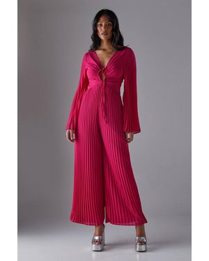 Warehouse Chiffon Pleated Keyhole Flared Sleeve Jumpsuit - Pink