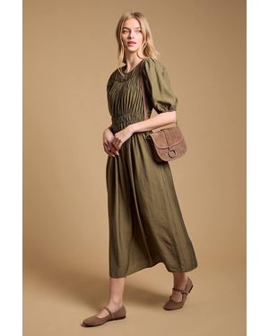 Oasis Shirred Bodice Puff Sleeve Midi Dress - Green