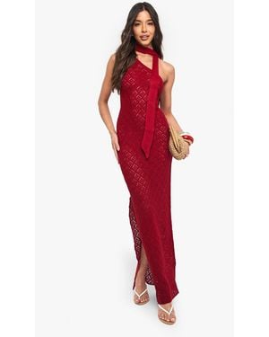Boohoo Crochet Knitted Asymmetric Shoulder Dress And Neck Tie - Red