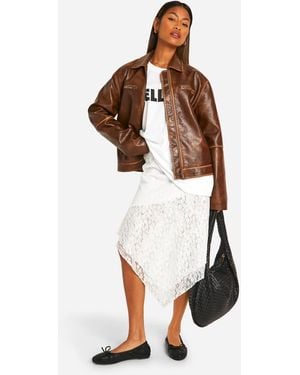 Boohoo Lace Ruched Waistband Hanky Hem Midi Skirt - White