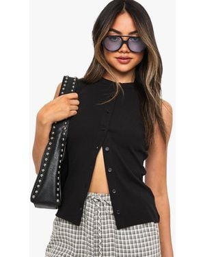 Boohoo Ribbed Button Front Longline Top - Black